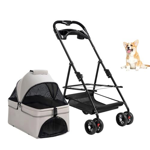 YPDOPORA Kleiner Haustier-Kinderwagen Mit Getränkehalter Für Hunde Und Katzen, Hunde-Kinderwagen Für Kleine Hunde, Faltbarer Reise-Kinderwagenträger, Atmungsaktiv,Grau von YPDOPORA