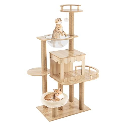 YPDOPORA Moderner Katzenbaumturm Für Hauskatzen, Katzenbaum Mit Zaun, Kratzbaum Und Abnehmbaren Pads Für Kleine Und Große Katzen, Katzenturm Aus Holz, Sprungplattform von YPDOPORA