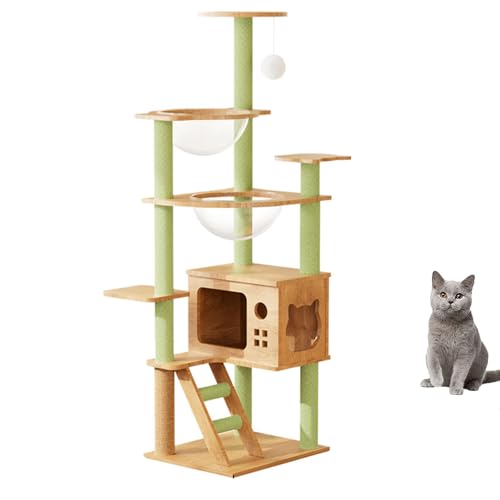 YPDOPORA Moderner Katzenbaumturm – Katzenbaum Aus Holz Für Hauskatzen | Mehrstöckiges Katzenhaus Mit Hängematte, Kratzbaum Und Sitzstange Oben, Sprungplattformen Und Hangball,B von YPDOPORA