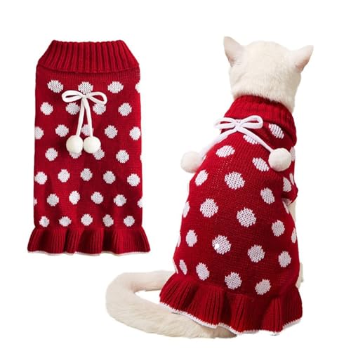 YPDOPORA Rotes Hundepullover-Kleid Mit Loch Für Die Leine. Gepunkteter Hundepullover. Warme Hundepullover Mit Bommelball Für Den Herbst Und Winter,Rot,M von YPDOPORA