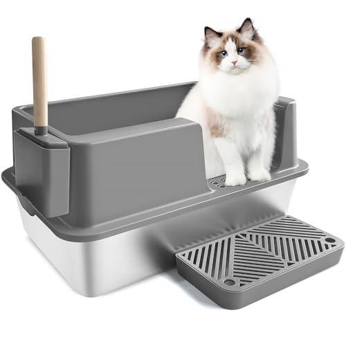 Katzentoilette aus Edelstahl, Katzentoilette mit Deckel, hohe Seite große Katzentoilette für große & mehrere Katzen, Einfache Reinigung Kitty Katzentoilette Anti-Auslauf, inklusive Schaufel - von YQpet