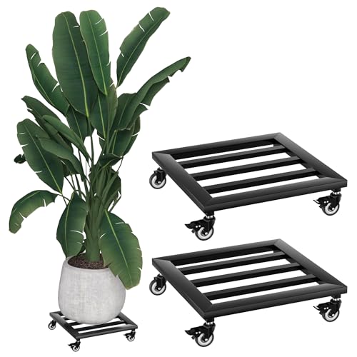 YRHome 2 Stück Pflanzenroller Metall Blumenroller Schwarz für Außenbereich & Innenbereich Blumentopf Untersetzer mit Rollen Pflanzen Caddy mit Rädern Pflanze Roller Basis - Quadrat 30cm - Bis 160KG von YRHome