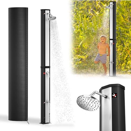 YRHome 35 Liter Solardusche Solar Gartendusche Aussendusche Warmes Wasser Pooldusche Camping Regenduschkopf mit Duschkopf Wasserhahn 180° Regenduschkopf (Silber-Schwarz) von YRHome