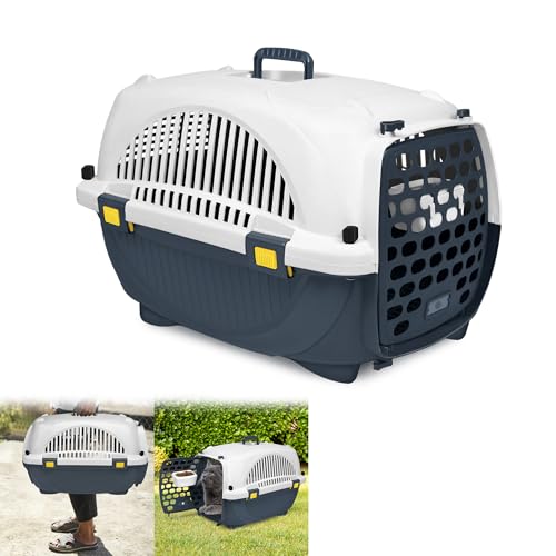 YRHome 61x37x37cm Katzentransportbox Transportbox Katze aus Kunststoff Hunde Transportboxen mit Futterbehälter &Tragegriff Katzenkorb Katzenbox für kleine Hunde, Katzen bis 10 kg von YRHome