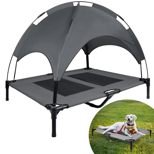 YRHome Erhöhtes Hundebett mit Dach Sonnenschutz Haustierbett mit Baldachin Hundeliege Outdoor Hundesofa mit Rutschfesten Fußpolster, Wasserdicht Dach & Atmungsaktivem Netzgewebe, L 92x76x92cm von YRHome