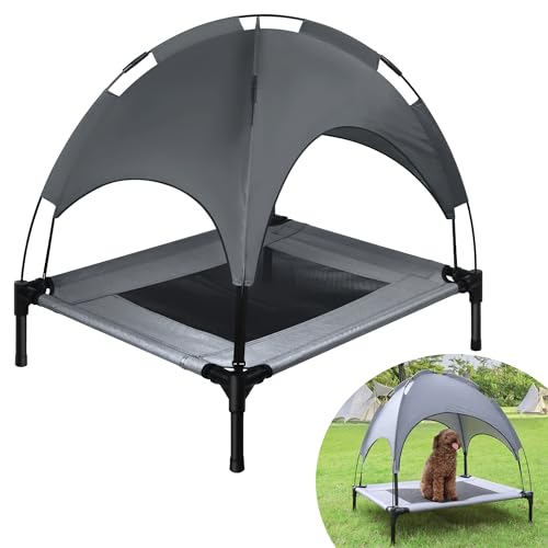 YRHome Erhöhtes Hundebett mit Dach Sonnenschutz Haustierbett mit Baldachin Hundeliege Outdoor Hundesofa mit Rutschfesten Fußpolster, Wasserdicht Dach & Atmungsaktivem Netzgewebe, M 76x61x76cm von YRHome