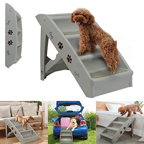 YRHome Haustiertreppe Hundetreppe Klappbar Mit 4-stufige Rutschfesten Teppichboden Katzentreppe Hunderampe Tiertreppe 61x38x49 cm für Hund und Katz bis 75 kg Grau Bett Couch Auto von YRHome