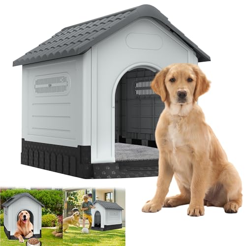 YRHome Hundehütte Outdoor Indoor Hundehaus Kunststoff 105x89x99cm Haustierhütte Haustierhaus mit Oberlichter & Erhöhter Boden Robuste, Wasserdicht, UV-beständig, Belüftete für große Hunde (L) von YRHome