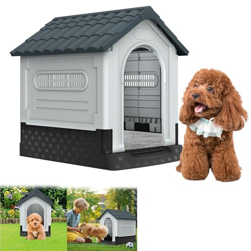 YRHome Hundehütte Outdoor Indoor Hundehaus Kunststoff 65x56.5x67cm Haustierhütte Haustierhaus mit Oberlichter & Erhöhter Boden Robuste, Wasserdicht, UV-beständig, Belüftete für Kleine Hunde (S) von YRHome