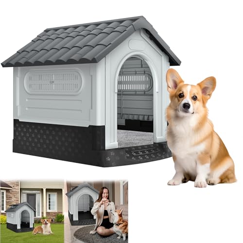 YRHome Hundehütte Outdoor Indoor Hundehaus Kunststoff 79.5x70.5x78cm Haustierhütte Haustierhaus mit Oberlichter & Erhöhter Boden Robuste, Wasserdicht,UV-beständig, Belüftete für Mittelgroße Hunde (M) von YRHome