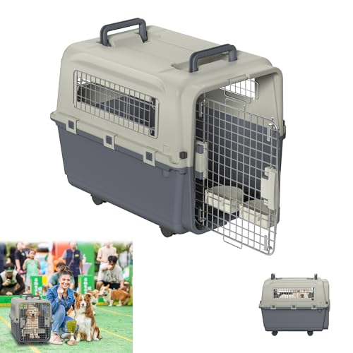 YRHome Hundetransportbox Transportbox für Hunde Flugzeugbox Transport für Flugreisen Auto Reisebox mit Eisenfenster & Eisentür & Schale & Windeltablett & Handgriff & Rädern 67x51x51cm bis 12.5KG von YRHome