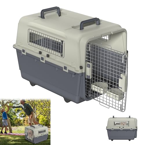 YRHome Hundetransportbox Transportbox für Hunde Flugzeugbox Transport für Flugreisen Auto Reisebox mit Eisenfenster & Eisentür & Schale & Windeltablett & Handgriff & Rädern 80x57x63cm bis 20KG von YRHome