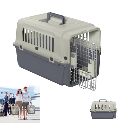 YRHome Hundetransportbox Transportbox für Hunde & Katzen Flugzeugbox Transport für Flugreisen Auto Reisebox mit Kunststofffenster & Eisentür & Schale & Windeltablett & Handgriff 60x40x40cm bis 9KG von YRHome