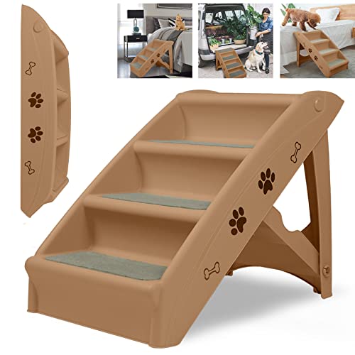 YRHome Hundetreppe Klappbar Tiertreppe Haustiertreppe 4 Stufen 50cm Hoch Katzentreppe mit Rutschfesten Matte und Stützstange Hunderampe für Hunde Katze bis zu 75 kg Braun von YRHome