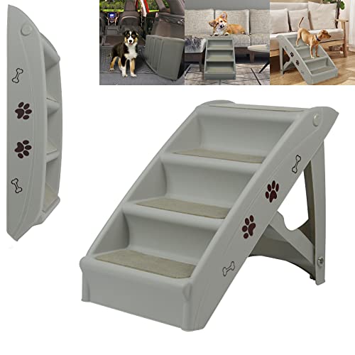 YRHome Hundetreppe Klappbar Tiertreppe Haustiertreppe 4 Stufen 50cm Hoch Katzentreppe mit Rutschfesten Matte und Stützstange Hunderampe für Hunde Katze bis zu 75 kg Grau von YRHome