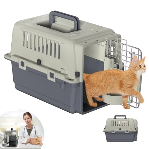 YRHome Katzen Transportboxen Katzentransportbox 50x34x32cm Katzenkorb Transport Flugzeugbox für Flugreisen mit Sicherheitsriegel, Lüftungsgitter, Handgriff, Futternapf und Windeltablett bis 5KG von YRHome