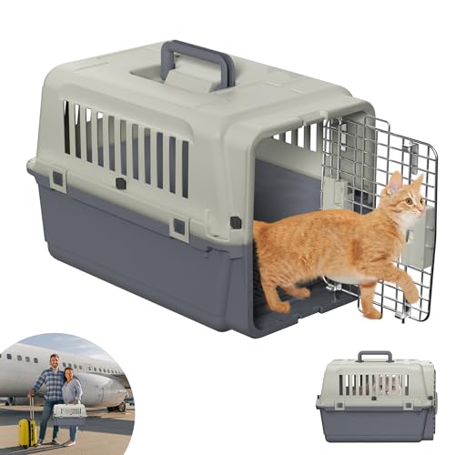 YRHome Katzen Transportboxen Katzentransportbox 60x40x40cm Katzenkorb Transport Flugzeugbox für Flugreisen mit Sicherheitsriegel, Lüftungsgitter, Handgriff, Futternapf und Windeltablett bis 9KG von YRHome