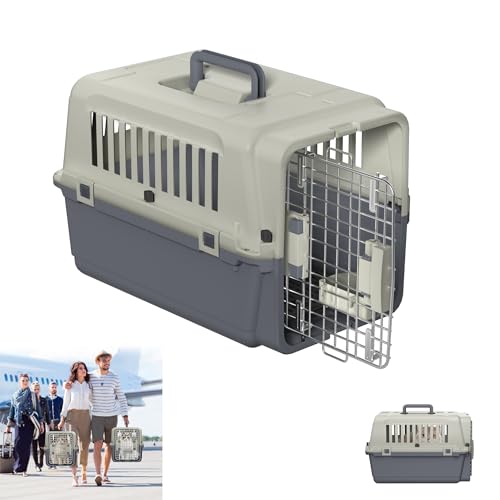 YRHome Hundetransportbox Transportbox für Hunde & Katzen Flugzeugbox Transport für Flugreisen Auto Reisebox mit Kunststofffenster & Eisentür & Schale & Windeltablett & Handgriff 60x39.5x44cm bis 9KG von YRHome