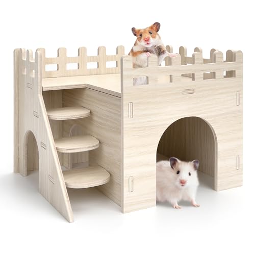 YSQEVN Hamsterhaus Holz 2 Etagen Hamster Versteck Meerschweinchen Haus mit Treppe Hamster Eckhaus für Zwerghamster Rennmäuse Degus Stachelmäuse 20x15x15cm von YSQEVN