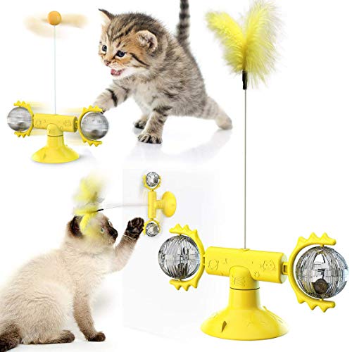 Interaktives Rotierendes Katzenspielzeug Feder, Saugnapf Drehbare Spielzeug, Planet Spinning, Katzen Federspielzeug necken Windmühle Katzenspielzeug Mit Feder, Ball, Katzenminze, Pet Cat Toy Funny von YST