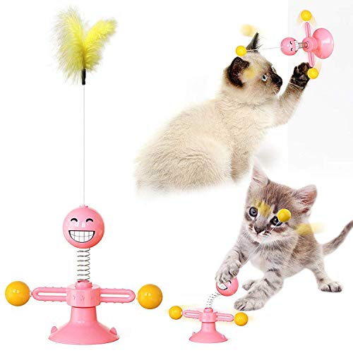 Interaktives Rotierendes Katzenspielzeug Feder, Saugnapf Drehbare Spielzeug, Planet Spinning, Katzen Federspielzeug necken Windmühle Katzenspielzeug Mit Feder, Ball, Katzenminze, Pet Cat Toy Funny von YST