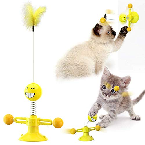 Interaktives Rotierendes Katzenspielzeug Feder, Saugnapf Drehbare Spielzeug, Planet Spinning, Katzen Federspielzeug necken Windmühle Katzenspielzeug Mit Feder, Ball, Katzenminze, Pet Cat Toy Funny von YST