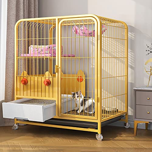 Katzenlaufstall for den Innenbereich mit Katzentoilette, Katzenkäfige, Katzenkiste mit Rädern, Metallkäfig for Kätzchen, Kleintiere – for Kleintierwelpen, Kätzchen, Häschen(Giallo,78x55x85cm) von YTBHSHXZ