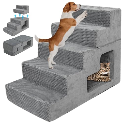 Hundetreppe für Bett, 58 cm hoch, 5-stufige Hundetreppe für kleine Hunde, hochdichter Schaumstoff, Haustiertreppe mit rutschfestem, abnehmbarem, waschbarem Bezug von YU YUSING