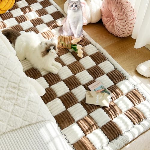 YUANBAO Plüsch Haustiere Bed Softe und Warme,Cremefarbener Karierter Quadratischer Haustiermatten-Bett-Couch-Bezug, Hunde Katzen Bodenschutzdecke Für Bett und Couch,Böden (45 x 45 cm,Dunkelbraun) von YUANBAO