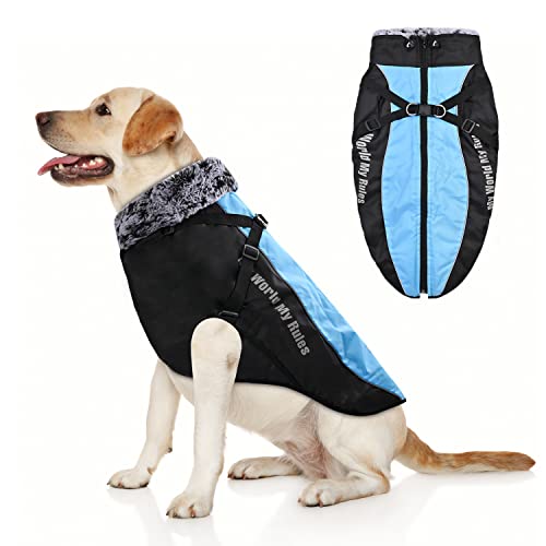 YUDISEN Hunde-Wintermantel Jacke, Hunde-wasserdichte warme Weste mit flauschigem Rollkragen, reflektierende Sicherheitsstreifenkleidung, winddicht für mittelgroße und große Hunde (Blau, 3XL) von YUDISEN