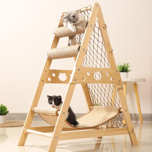 YUDIZWS Katzen-Klettergerüst aus Holz für den Außenbereich, Multifunktionaler groß Katzenbaum Modern mit Hängematte, Kratzbaum, Kletternetz, Spielzeugball,A von YUDIZWS