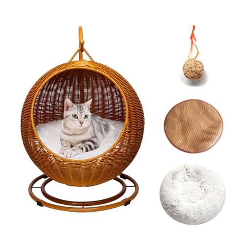 YUDIZWS Rattan Hängesessel für Katzen, Schaukel Katzenbett Haustier-Hängematte mit 2 abnehmbaren Kissen und hängendem Ball für Katzen kleine Hunde,Braun von YUDIZWS