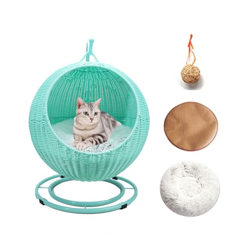 YUDIZWS Rattan Hängesessel für Katzen, Schaukel Katzenbett Haustier-Hängematte mit 2 abnehmbaren Kissen und hängendem Ball für Katzen kleine Hunde,Grün von YUDIZWS
