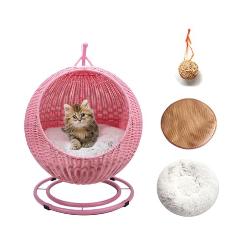 YUDIZWS Rattan Hängesessel für Katzen, Schaukel Katzenbett Haustier-Hängematte mit 2 abnehmbaren Kissen und hängendem Ball für Katzen kleine Hunde,Rosa von YUDIZWS