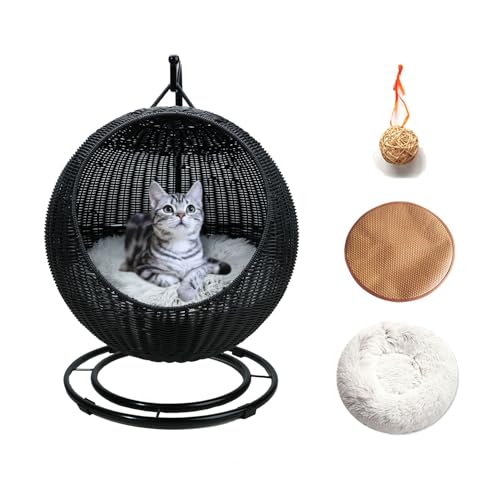 YUDIZWS Rattan Hängesessel für Katzen, Schaukel Katzenbett Haustier-Hängematte mit 2 abnehmbaren Kissen und hängendem Ball für Katzen kleine Hunde,Schwarz von YUDIZWS