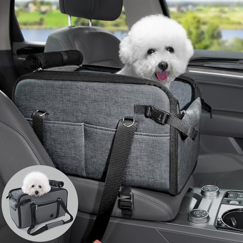 Haustier-Hunde-Autositz für kleine Hunde, große Mittelkonsole, Hundeautositz für Welpen, Katzen, Hunde, Reisen, tragbarer Sitz, rutschfest, Hundeautobett, Autositz aus PU-Leder, 0–10 kg, Grau von YUDODO