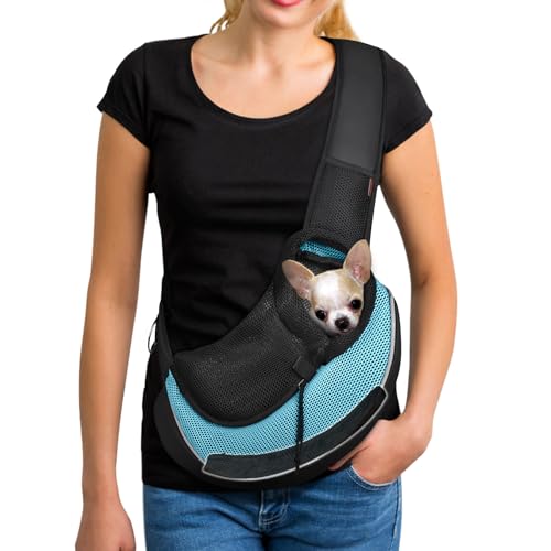 YUDODO Haustier-Hundetragetasche, atmungsaktiv, Netzstoff, für Reisen, sichere Schultertasche, Tragetasche für Hunde und Katzen (klein, mit Bodenplatte, Cyan, Schwarz, atmungsaktiv) von YUDODO