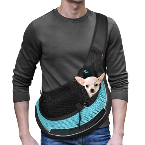 YUDODO Haustier-Hundetragetasche, atmungsaktiv, Netzstoff, für Reisen, sichere Schultertasche für Hunde und Katzen (Medium, mit Bodenplatte, Cyan, Schwarz, atmungsaktiv) von YUDODO