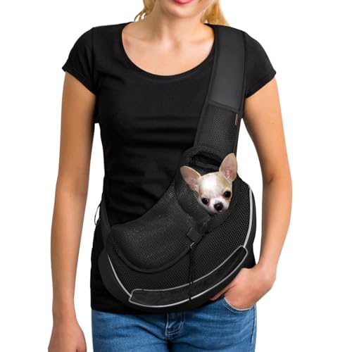 YUDODO Haustier-Hundetragetasche, atmungsaktiv, Netzstoff, für Reisen, sichere Schultertasche für Hunde und Katzen (klein, mit Bodenplatte, komplett schwarz, atmungsaktiv) von YUDODO