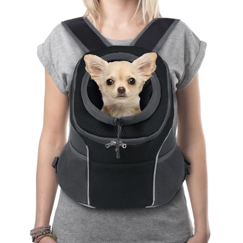 YUDODO Hundetragetasche Rucksack Haustier Hunde Tragetasche Frontpaket Atmungsaktiv Head Out Reflektierend Sicher Warm Doggie Tragetasche Rucksack für kleine Hunde Katzen Kaninchen (S (0-5), Schwarz) von YUDODO