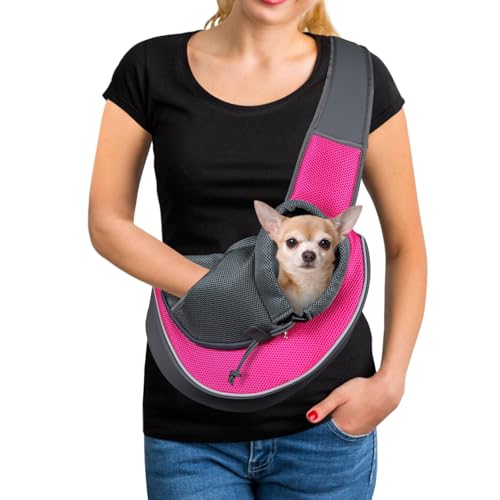 YUDODO Pet Dog Sling Carrier Mesh Hand Free Adjustable Dog Satchel Carrier Bag Papoose Crossbody for Small Medium Dog Cat Rabbit (M(bis zu 4,5 kg), Pink von YUDODO