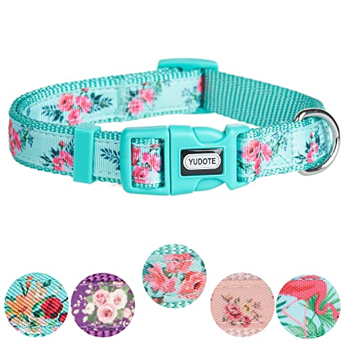 YUDOTE Verstellbares Mintgrünes Nylon-Hundehalsband Klein mit Blume Gemustertem Band für Energisch Hündin Nackengröße 25-38cm von YUDOTE