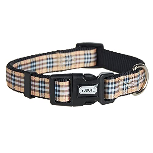 YUDOTE Verstellbares Schwarzes Nylon-Hundehalsband Mitte mit Kariertem Begie-Band für Hunde Nackengröße 31-49cm von YUDOTE