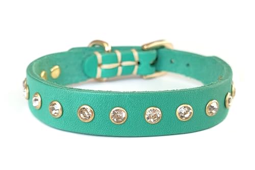 YUDOTE Hundehalsband aus echtem Leder mit glitzernden Strasssteinen für Welpen, Hunde, Größe XS, Grün von YUDOTE