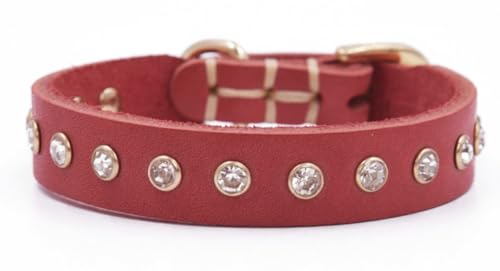 YUDOTE Hundehalsband aus echtem Leder mit glitzernden Strasssteinen für Welpen, Hunde, Rot, Größe XS von YUDOTE