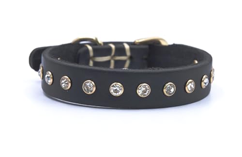 YUDOTE Hundehalsband aus echtem Leder mit glitzernden Strasssteinen für Welpen, Hunde, Schwarz, Größe XS von YUDOTE