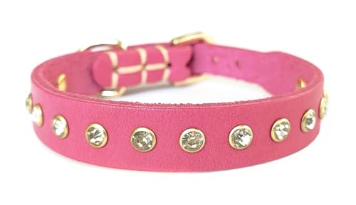 YUDOTE Hundehalsband aus echtem Leder mit glitzernden Strasssteinen für kleine Hunde, Fuchsia, Größe S von YUDOTE