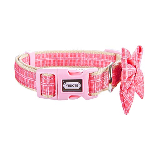 YUDOTE Hundehalsband aus natürlicher Baumwolle,weich,leicht mit kariertem Lesebändchen und Abnehmbarer Fliege für kleine Hunde,Einstellbar 25-38cm,Rosa von YUDOTE