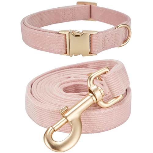 YUDOTE Hundehalsband und Leine Set Mittel, Weiche Reizfreie Cord-Halsband-Leine Passende Combo für Den Täglichen Spaziergang, Hellrosa von YUDOTE