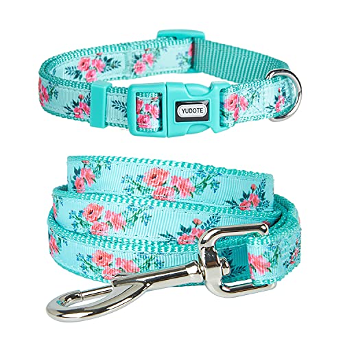 YUDOTE Blumen-Hundehalsband und Leine passendes Set,Starkes Nylon-Halsband,Leine-Kombination für klein aktiv Hündin täglicher Gebrauch,Blumen-Grün von YUDOTE